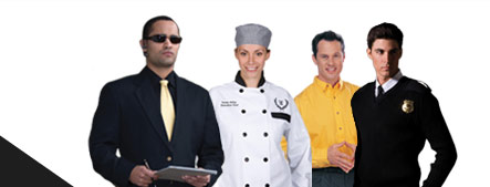 Hospitality, chef, casino and security workers in custom uniforms